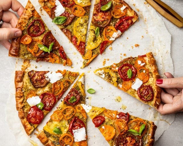 Tomato and basil galette with feta and poppy seed pastry