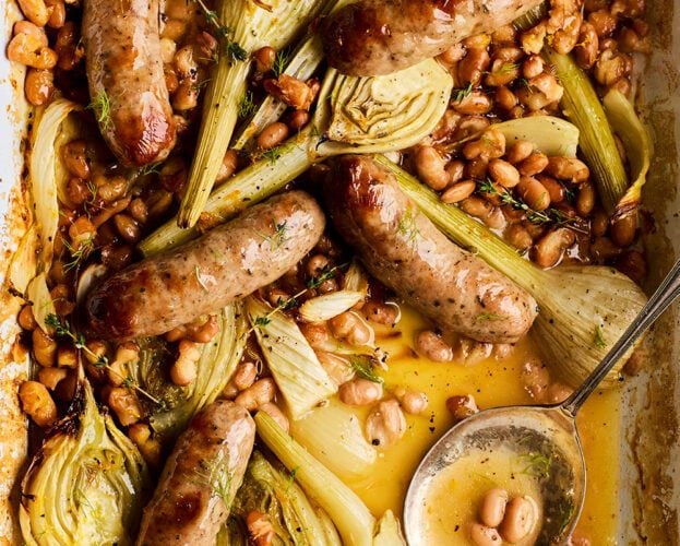 Easy orangey sausage, fennel and bean traybake