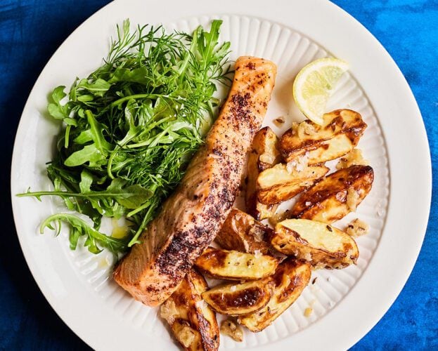 Air fryer lemon salmon with honey new potatoes