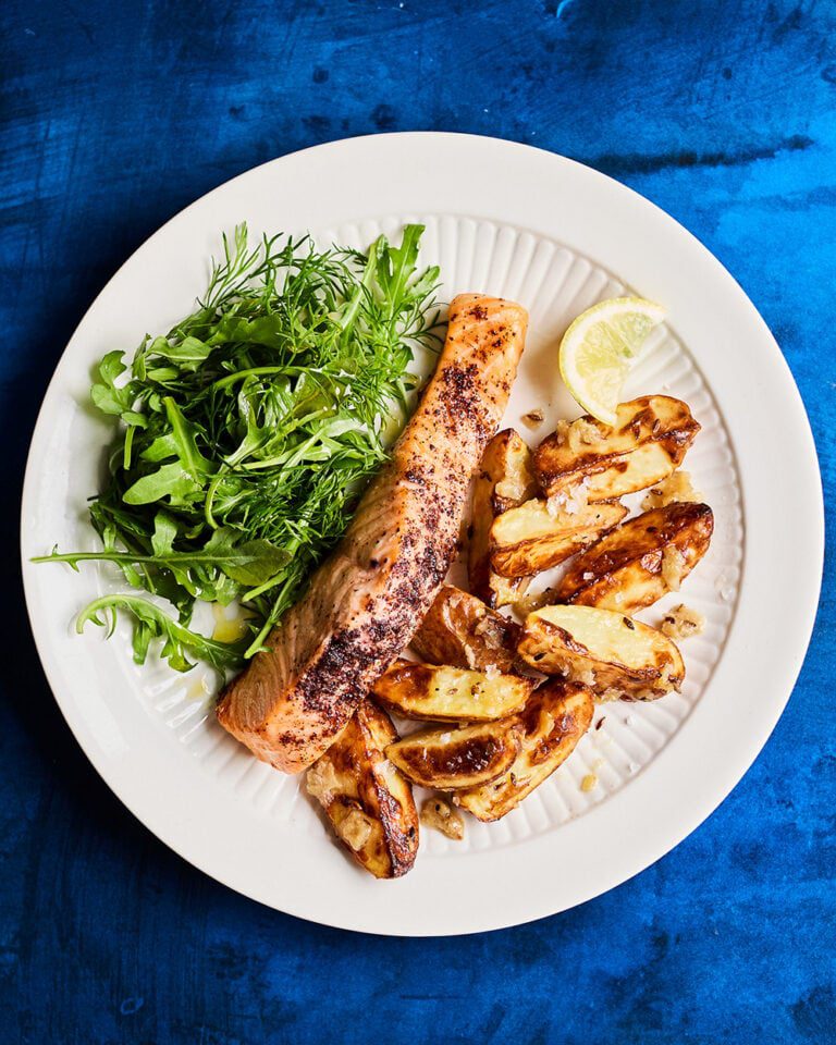 Air fryer lemon salmon with honey new potatoes