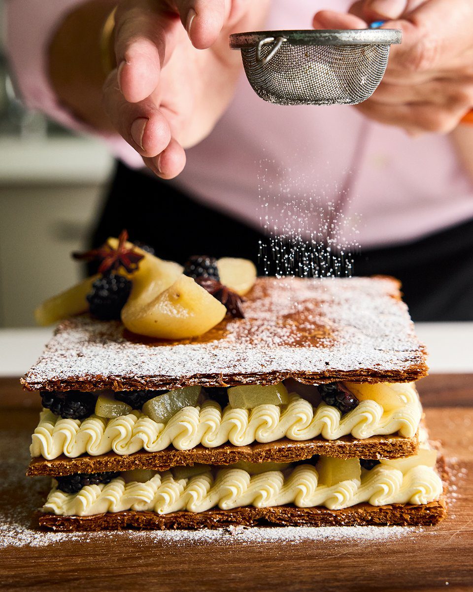 Poached pear and blackberry millefeuille | delicious. magazine