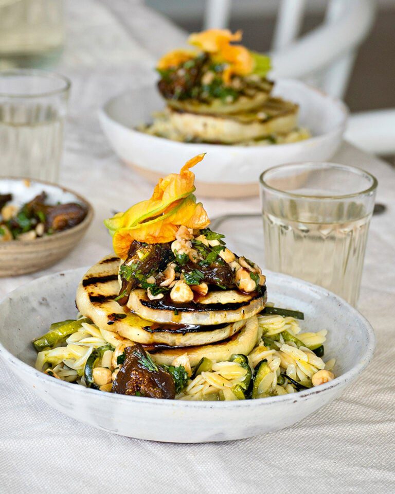 Courgette orzo with kohlrabi and pickled figs