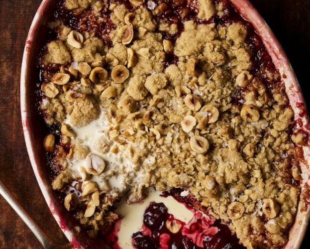 Damson and hazelnut crumble